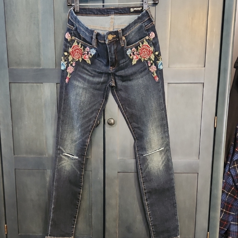 Blank NYC Dark Blue Skinny Jeans with Floral Design